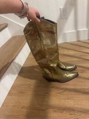 Gold Metallic Knee-High Heeled Boots - Women's